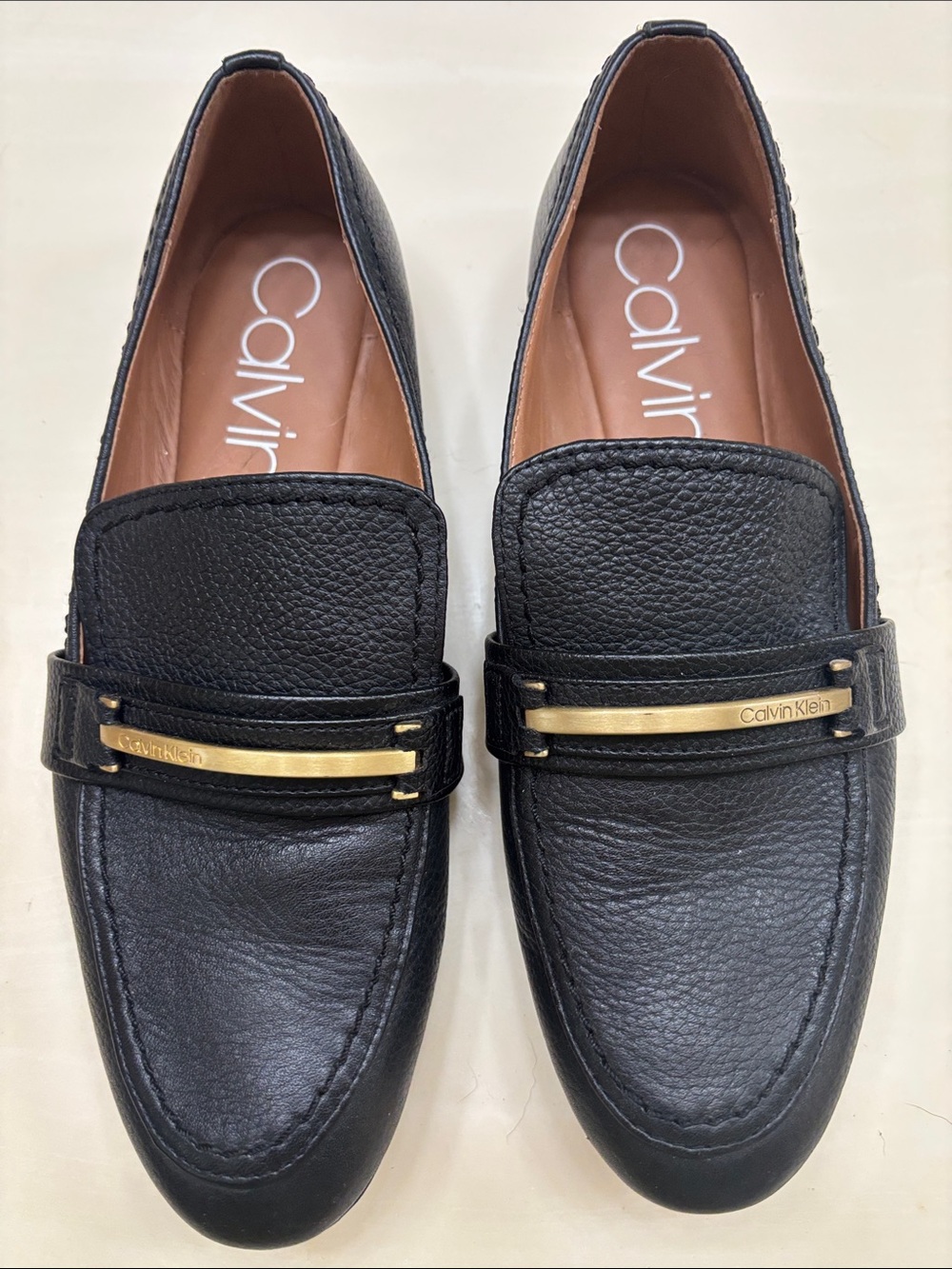 Calvin Klein Black Leather Loafers with Gold Accent Bar